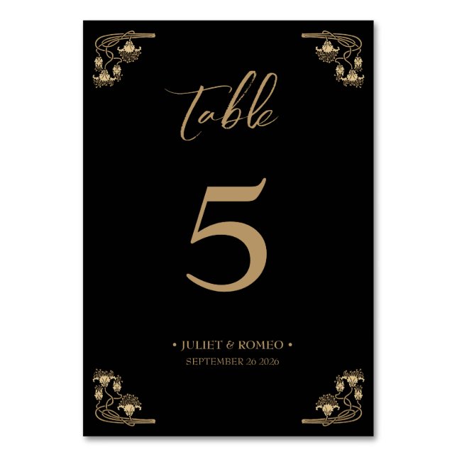 Elegant gold Art Deco on black wedding Table Number (Front)