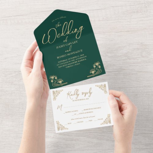 Elegant gold Art Deco on green All In One wedding  All In One Invitation