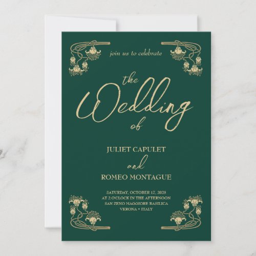 Elegant gold Art Deco on green All In One wedding Invitation