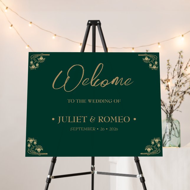 Elegant gold Art Deco on green wedding Welcome  Foam Board (In Situ (Stand))