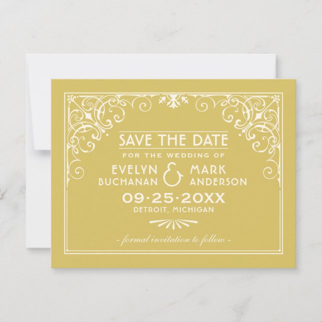 Elegant Gold Art Deco Scrollwork Wedding Save The Date (Front)
