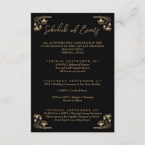 Elegant gold Art Deco Weekend schedule of events E Enclosure Card