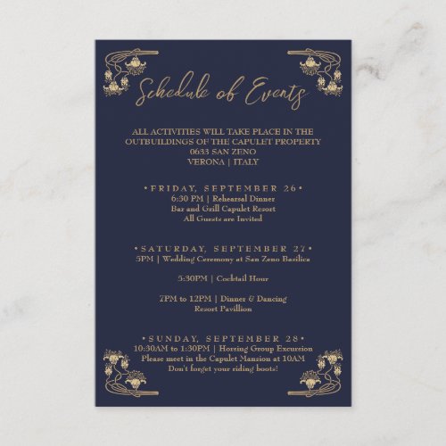 Elegant gold Art Deco Weekend schedule of events Enclosure Card