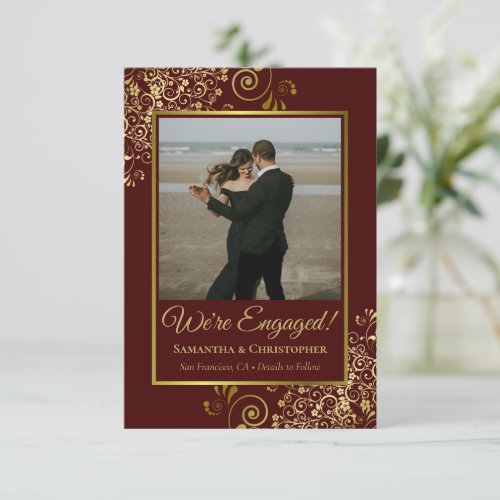 Elegant Gold  Auburn Brown Photo Engagement Announcement