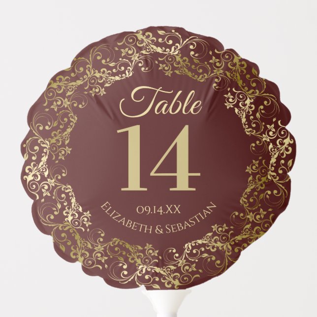 Elegant Gold & Auburn Frilly Wedding Table Number Balloon (Front)