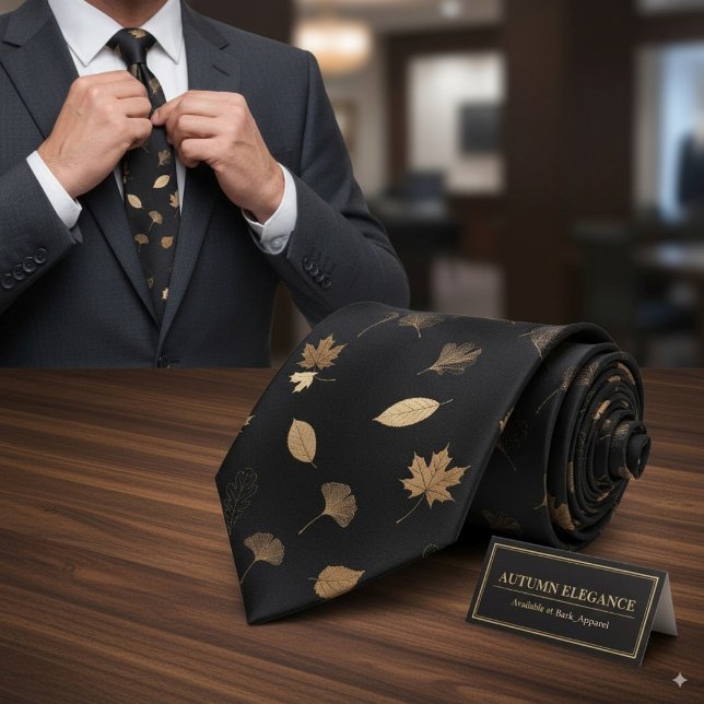 Elegant Gold Autumn Leaves Black Fall Themed Neck Tie (Creator Uploaded)