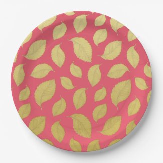 Elegant Gold Autumn Leaves - Raspberry Pink Paper Plates