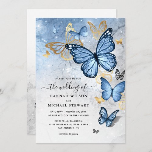 Elegant Gold Baby Blue Butterfly Wedding Invitation