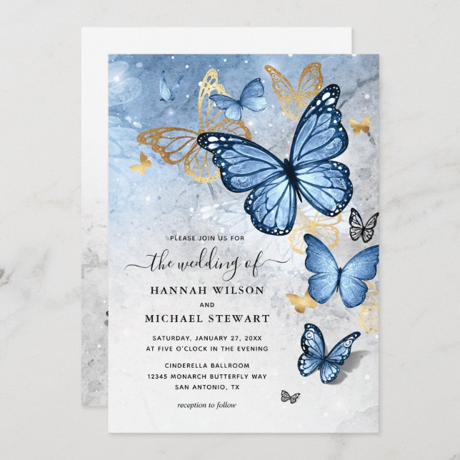 Elegant Gold Baby Blue Butterfly Wedding Invitation (Front/Back)
