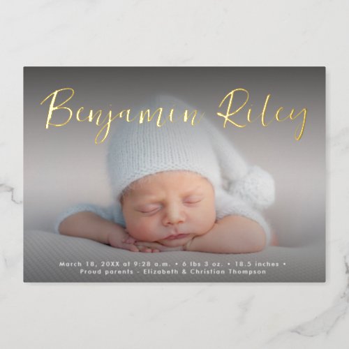 Elegant Gold Baby Boy Photo Custom Birth Stats Foil Holiday Card