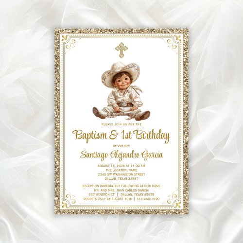 Elegant Gold Baby Charro Baptism  Birthday  Invitation