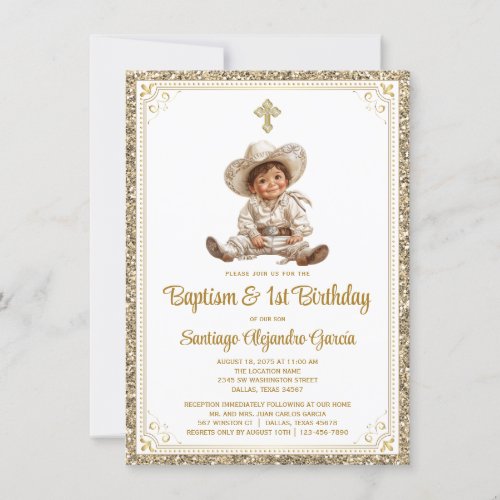 Elegant Gold Baby Charro Baptism  Birthday  Invitation