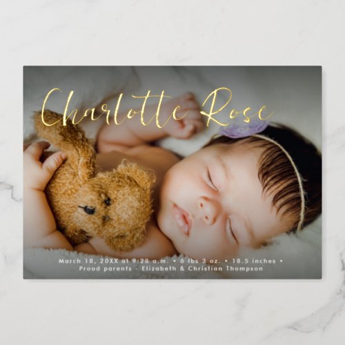 Elegant Gold Baby Girl Photo Custom Birth Stats Foil Holiday Card