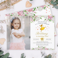 Elegant Gold Ballerina Floral Girl Photo Birthday