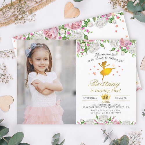 Elegant Gold Ballerina Floral Girl Photo Birthday Invitation