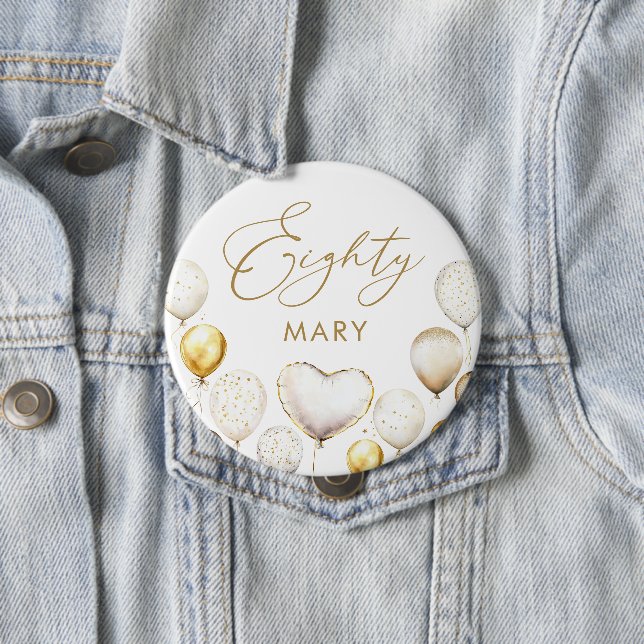 Elegant Gold Balloon 80th Birthday Party Button (In Situ)
