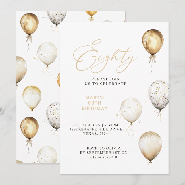Elegant Gold Balloon 80th Birthday Party Invitation (Front/Back)