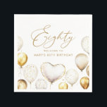 Elegant Gold Balloon 80th Birthday Party Napkins<br><div class="desc">Add a touch of elegance to your milestone celebration with these personalized 80th birthday party napkins. Featuring chic gold and white balloons, a heart balloon centerpiece, and stylish calligraphy script, these napkins are the perfect finishing detail for a glamorous birthday event. Customize with the honoree’s name and age for a...</div>