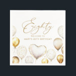 Elegant Gold Balloon 80th Birthday Party Napkins<br><div class="desc">Add a touch of elegance to your milestone celebration with these personalized 80th birthday party napkins. Featuring chic gold and white balloons, a heart balloon centerpiece, and stylish calligraphy script, these napkins are the perfect finishing detail for a glamorous birthday event. Customize with the honoree’s name and age for a...</div>
