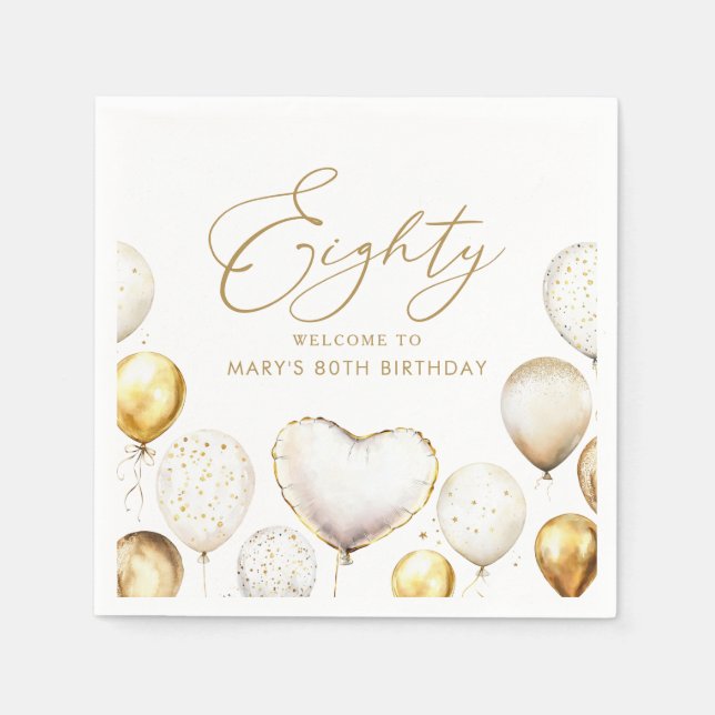Elegant Gold Balloon 80th Birthday Party Napkins (Front)