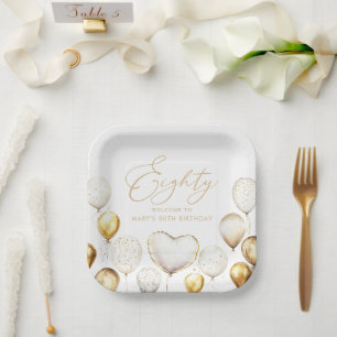 Elegant Gold Balloon 80th Birthday Party Paper Plates
