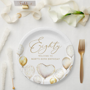 Elegant Gold Balloon 80th Birthday Party Paper Plates