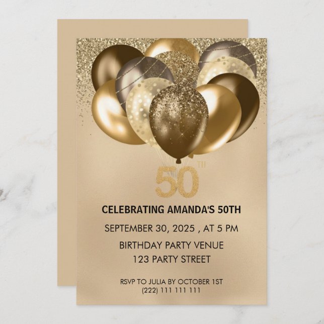 Elegant Gold Balloons 50th Birthday Invitation (Front/Back)