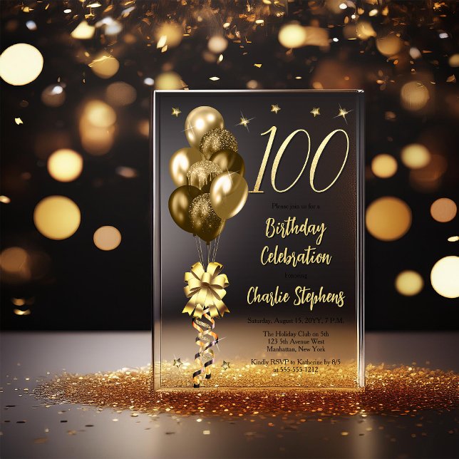 Elegant Gold Balloons on Black 100 Birthday Party Acrylic Invitations (Elegant Faux Gold Glitter Accented Balloons on Fade to Black Backing 100th Birthday Acrylic Invite)