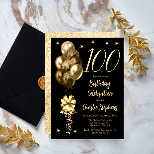 Elegant Gold Balloons on Black 100 Birthday Party Invitation