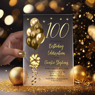 Elegant Gold Balloons on Black 100 Birthday Party Vellum Invitations