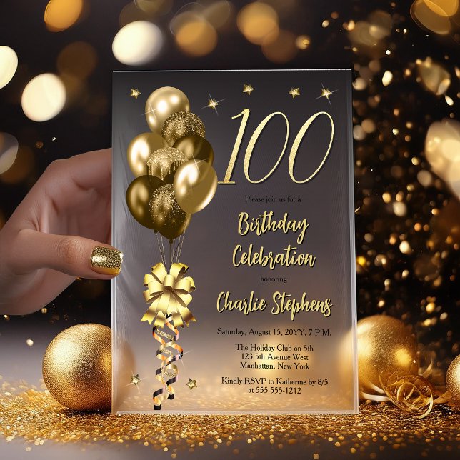 Elegant Gold Balloons on Black 100 Birthday Party Vellum Invitations (Elegant Faux Gold Glitter Accented Balloons - Fade to Black Backing 100th Birthday Vellum Invitation)