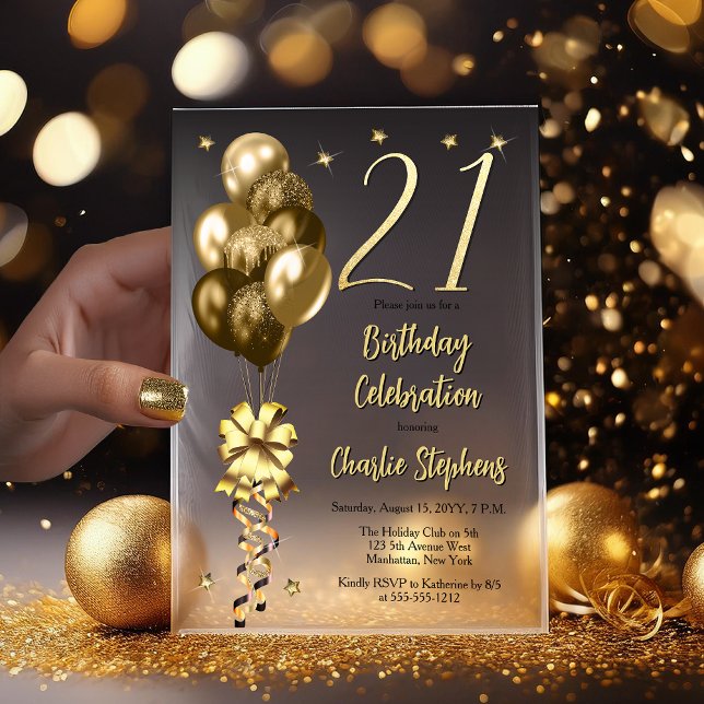 Elegant Gold Balloons on Black 21st Birthday Party Vellum Invitations (Elegant Faux Gold Glitter Accented Balloons on Fade to Black Backing 21st Birthday Vellum Invitation)