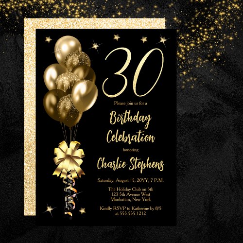 Elegant Gold Balloons on Black 30th Birthday Party Invitation
