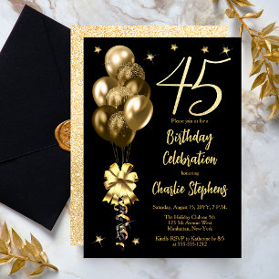 Elegant Gold Balloons on Black 45th Birthday Party Invitation