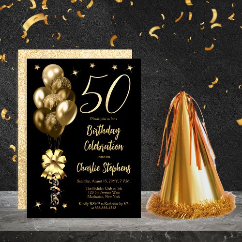 Elegant Gold Balloons on Black 50th Birthday Party Invitation