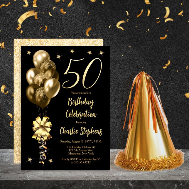 Elegant Gold Balloons on Black 50th Birthday Party Invitation (Elegant Gold-Toned Balloons on Black Dramatic 50th Birthday Invitation)