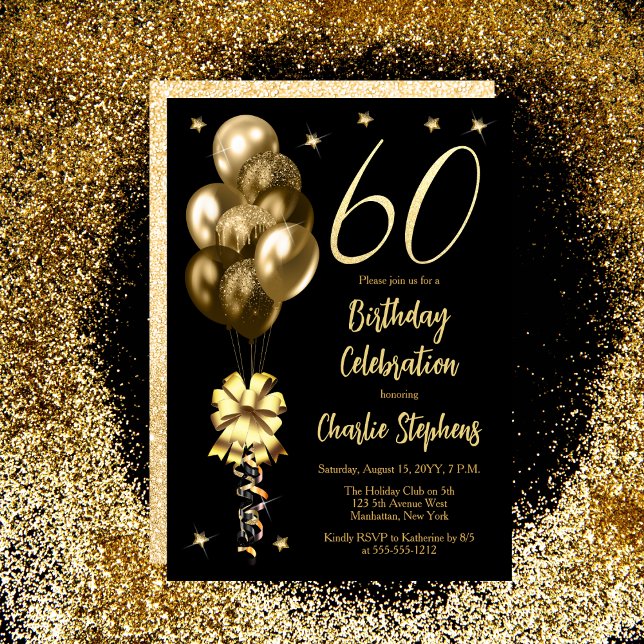 Elegant Gold Balloons on Black 60th Birthday Party Invitation (Elegant Gold-Toned Balloons on Black 60th Birthday Party Invitation)