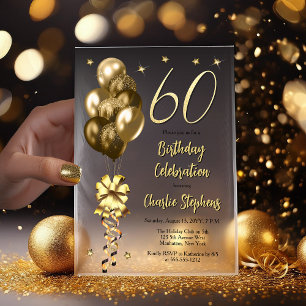 Elegant Gold Balloons on Black 60th Birthday Party Vellum Invitations