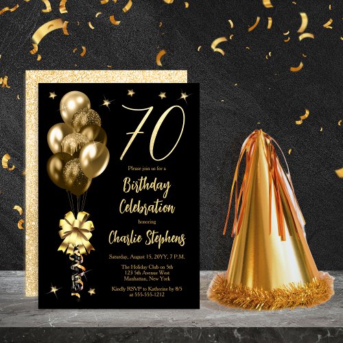 Elegant Gold Balloons on Black 70th Birthday Party Invitation