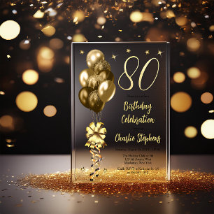 Elegant Gold Balloons on Black 80th Birthday Party Acrylic Invitations