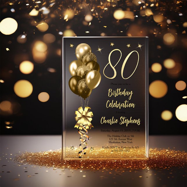 Elegant Gold Balloons on Black 80th Birthday Party Acrylic Invitations (Elegant Faux Gold Glitter Accented Balloons on Fade to Black Backing 80th Birthday Acrylic Invite)