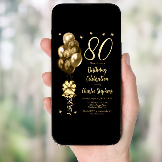 Elegant Gold Balloons on Black 80th Birthday Party Invitation (Front Digital)