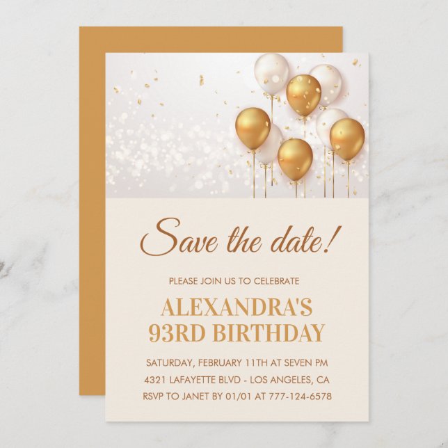 Elegant Gold Balloons Save the date 93rd birthday Invitation (Front/Back)