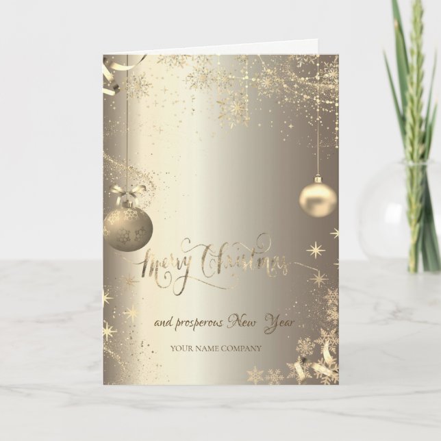 Elegant Gold Balls Snowflakes Stars Holiday Card (Front)