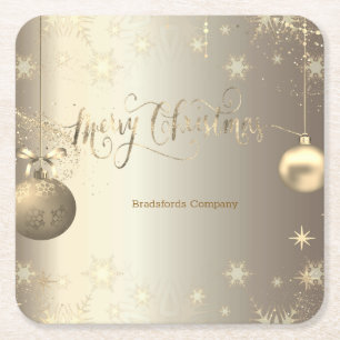 Elegant Gold Balls Snowflakes Stars Holiday Square Paper Coaster
