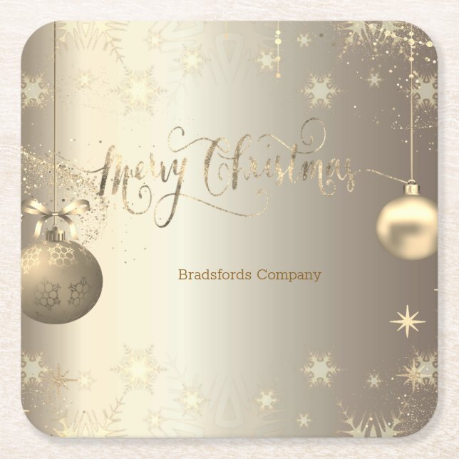Elegant Gold Balls Snowflakes Stars Holiday Square Paper Coaster (Front)