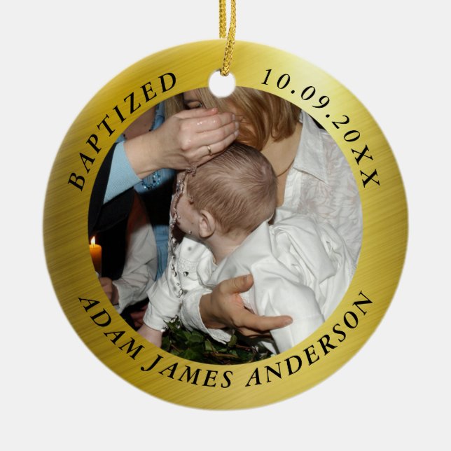 Elegant Gold Baptism Photo Ceramic Ornament (Front)