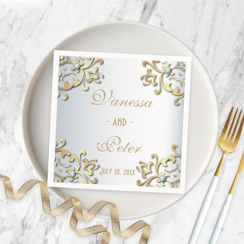 Elegant Gold Baroque Border On Silver Wedding Napkins
