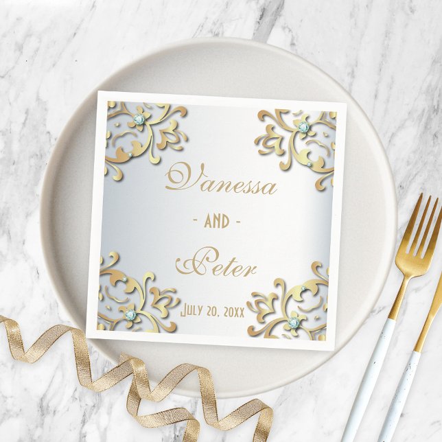 Elegant Gold Baroque Border On Silver Wedding Napkins (Creator Uploaded)