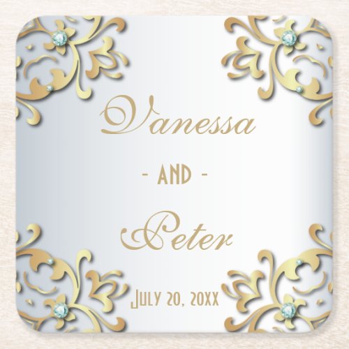 Elegant Gold Baroque Border On Silver Wedding  Square Paper Coaster